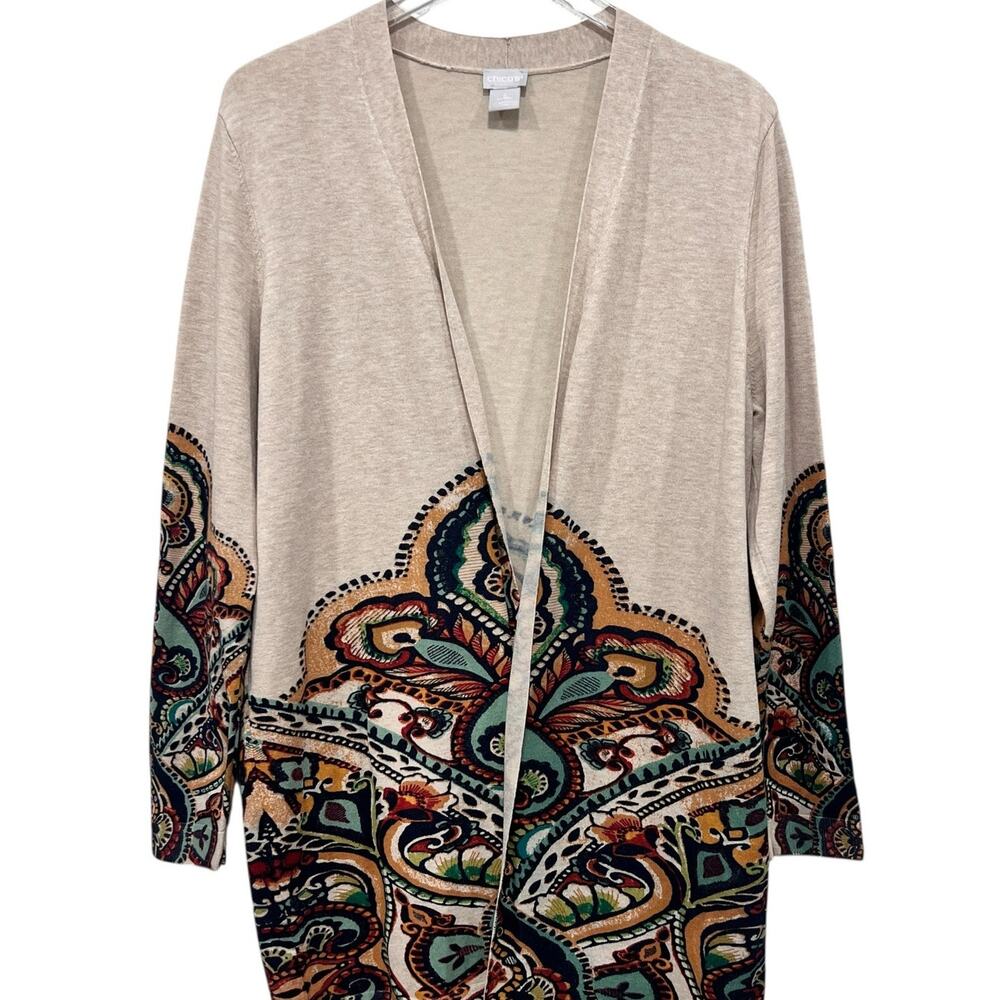 Chico’s Open Front Cardigan Size 2 L / XL Beige Boho Paisley‎ Lightweight